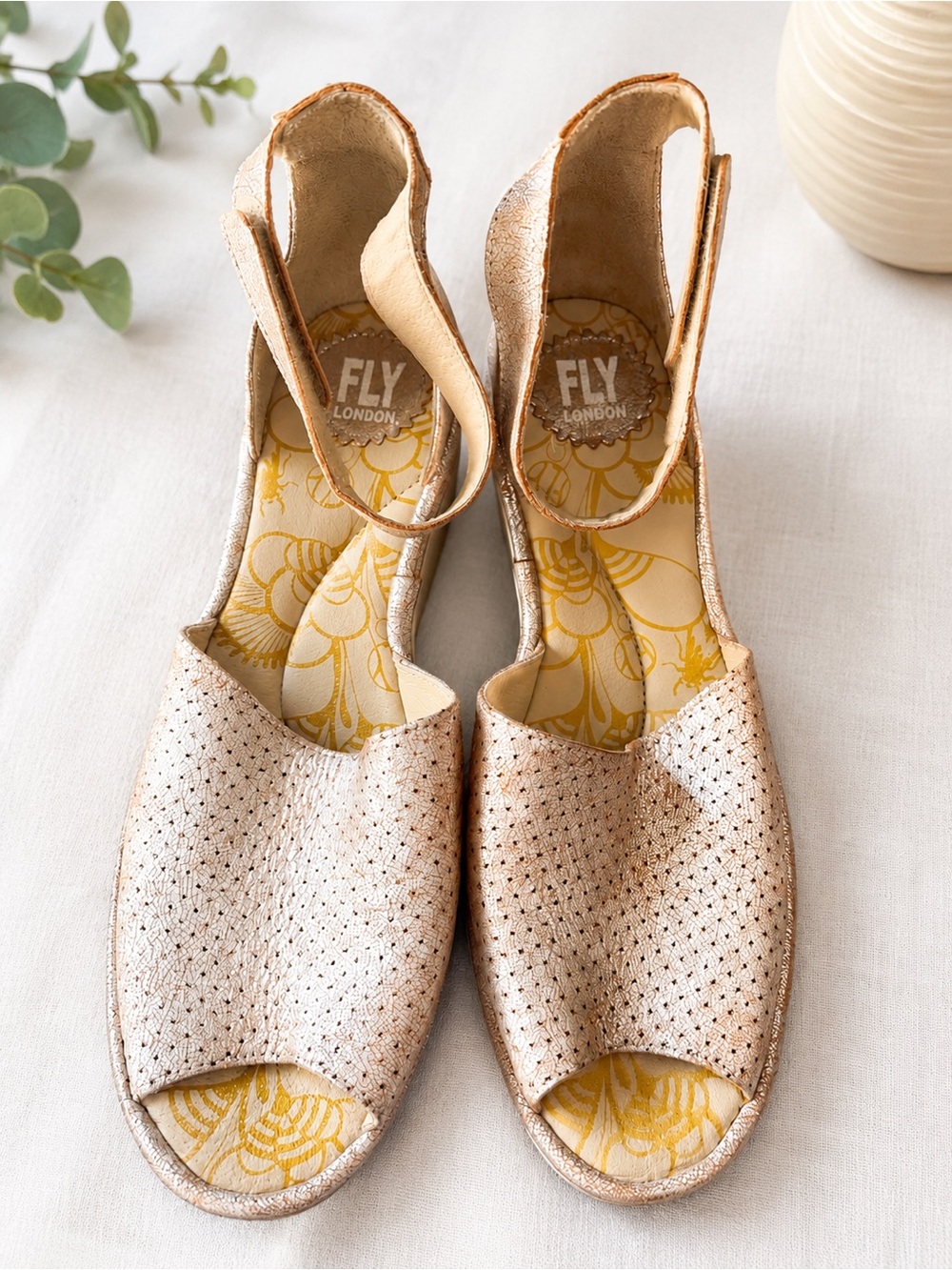 Fly London Metallic Champagne Open-Toe Slingback Sandals